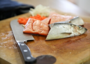 Raw Fish Cat Food on a Chopping Board